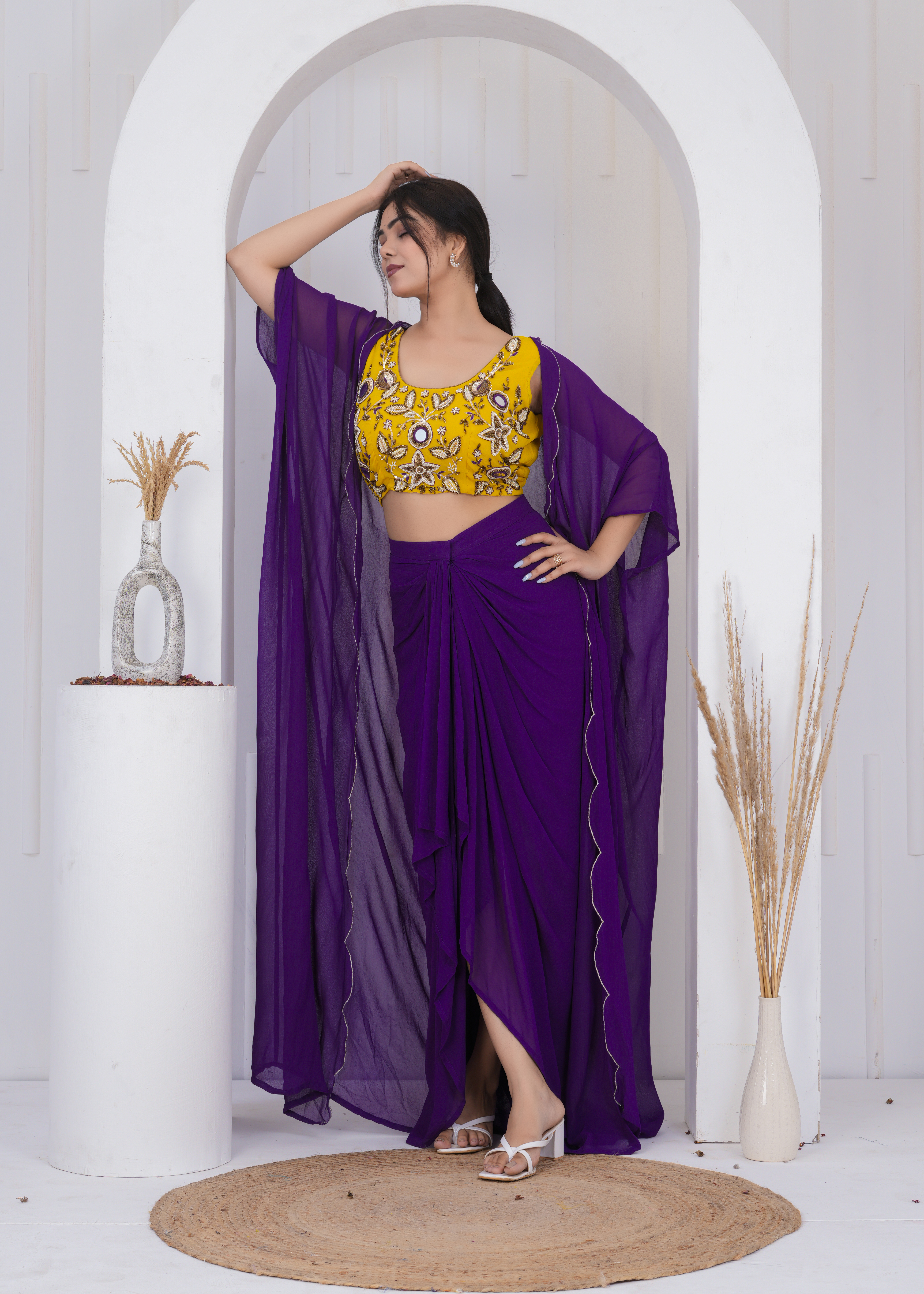 Mustard Mirror Embroidered Blouse With Plum Draped Skirt And Shrug Set