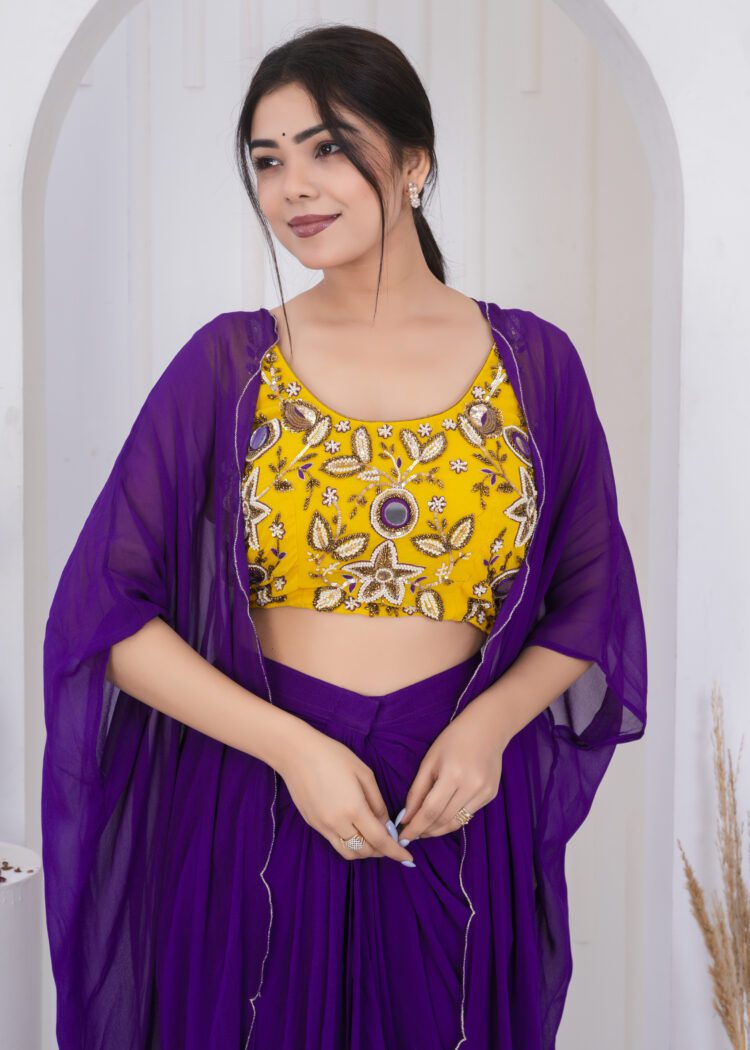Goldenrod Embroidered Blouse with Draped Skirt and Plum Jacket Set