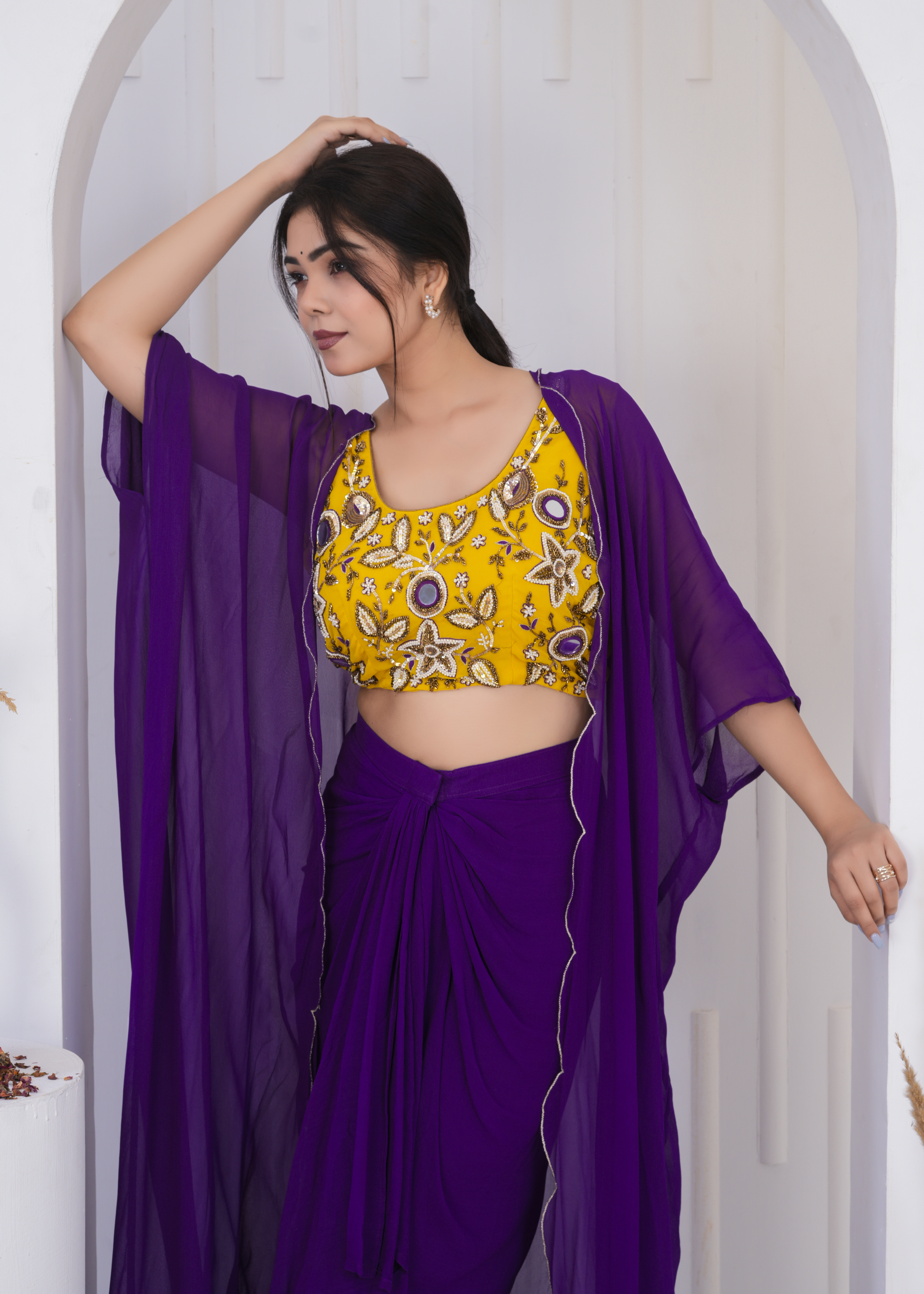 Mustard Mirror Embroidered Blouse With Plum Draped Skirt And Shrug Set