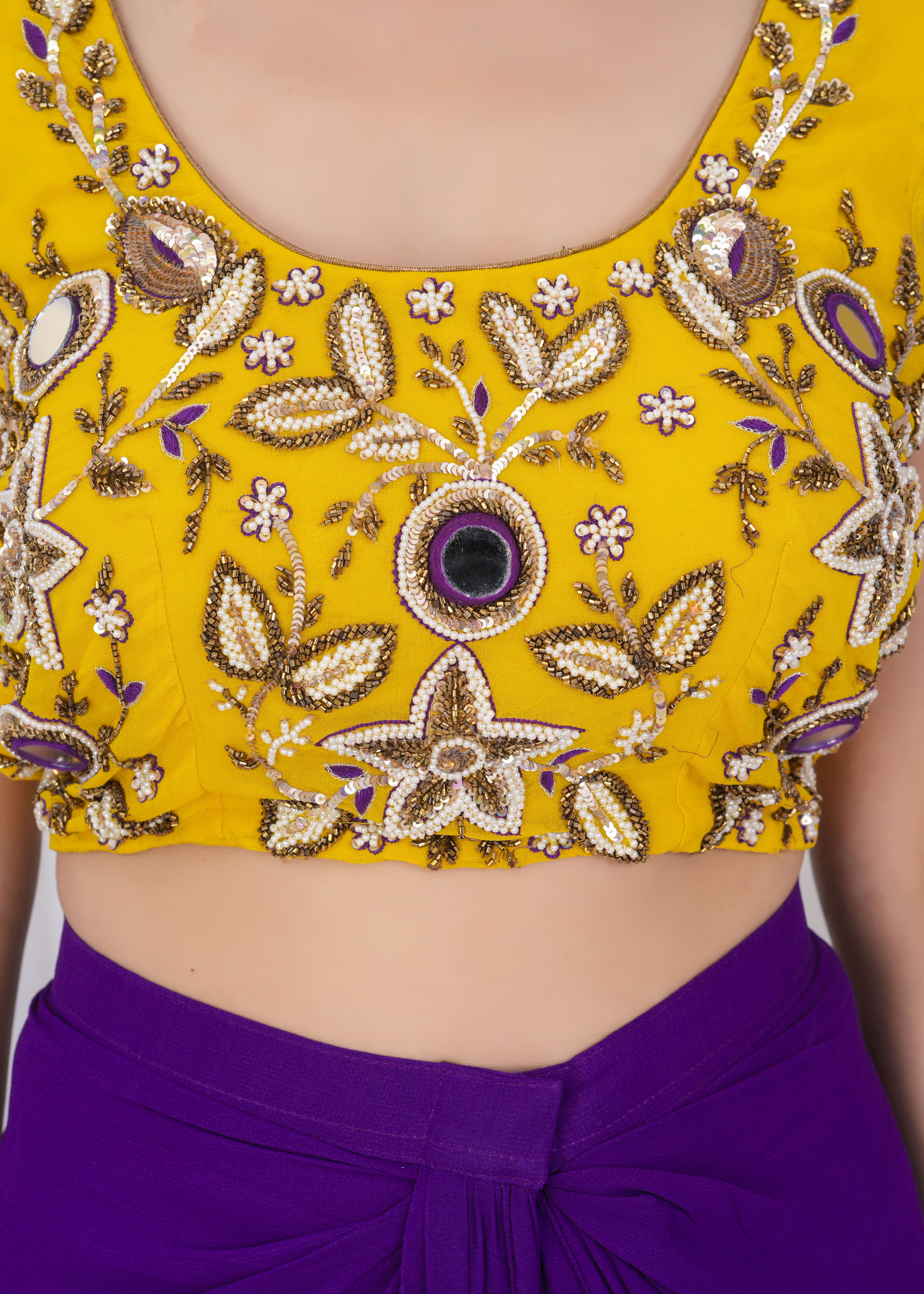 Mustard Mirror Embroidered Blouse With Plum Draped Skirt And Shrug Set