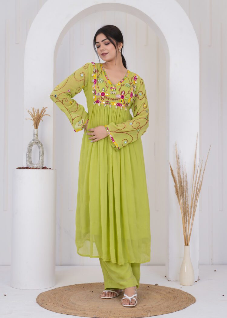 Pare Green Pleated Anarkali with Embroidered Dupatta