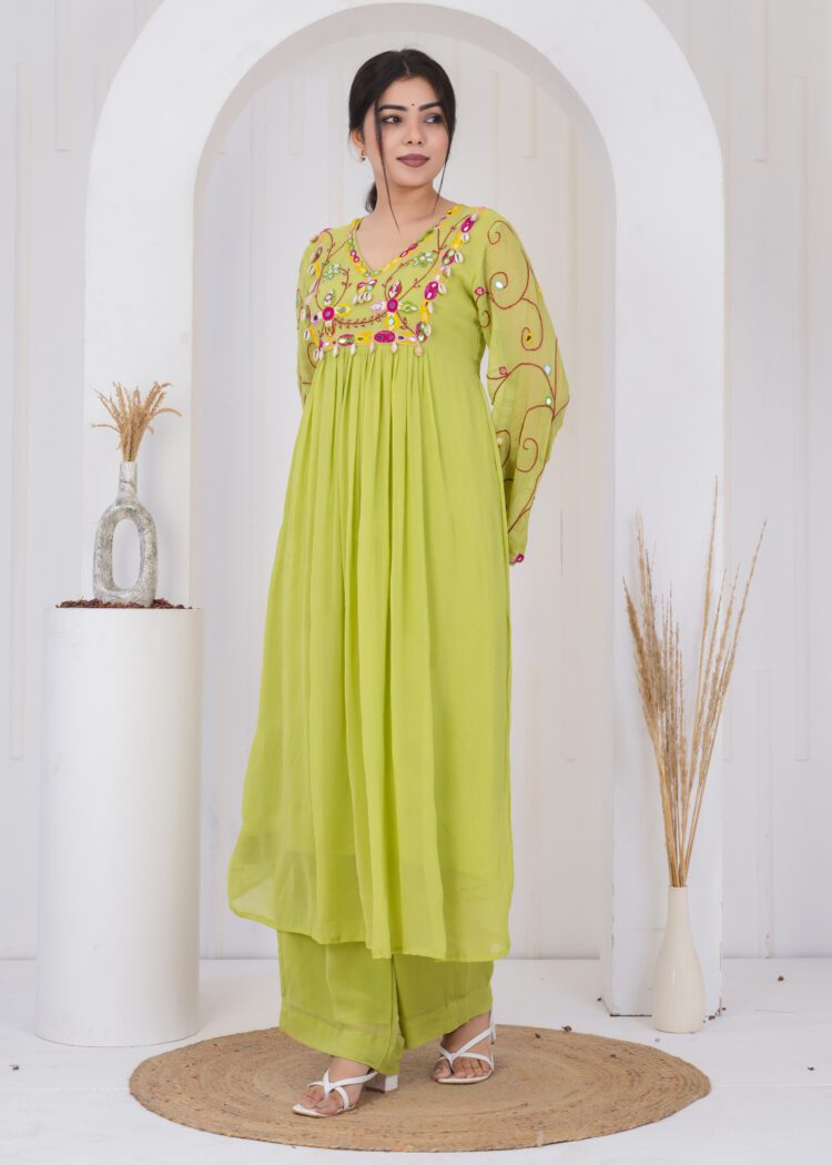 Pare Green Pleated Anarkali with Embroidered Dupatta