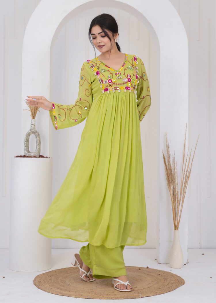 Pare Green Pleated Anarkali with Embroidered Dupatta