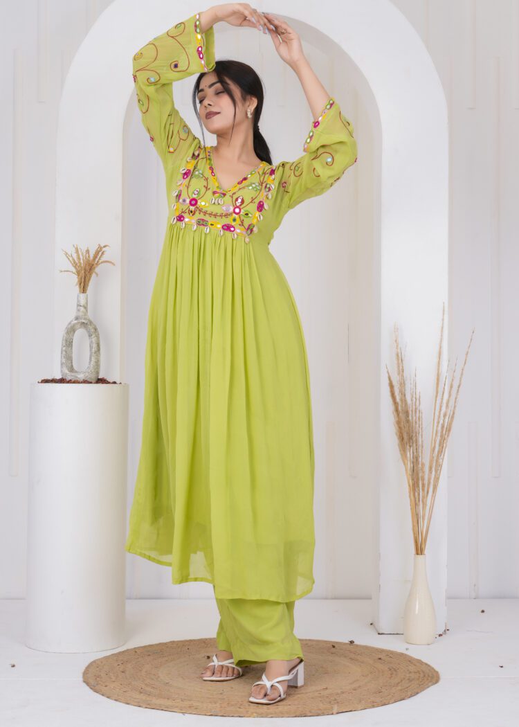 Pare Green Pleated Anarkali with Embroidered Dupatta