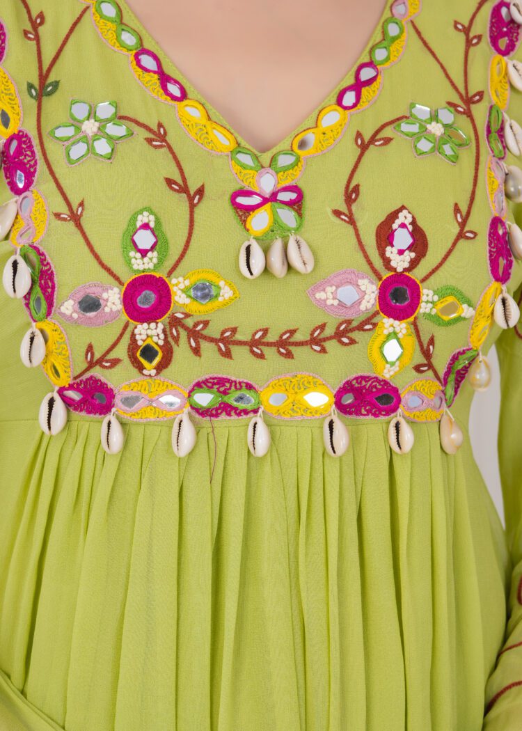 Pare Green Pleated Anarkali with Embroidered Dupatta