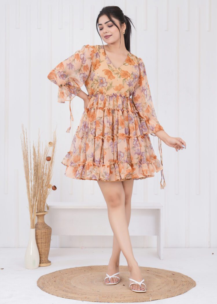 Floral Printed Tiered and Frill Mini Dress