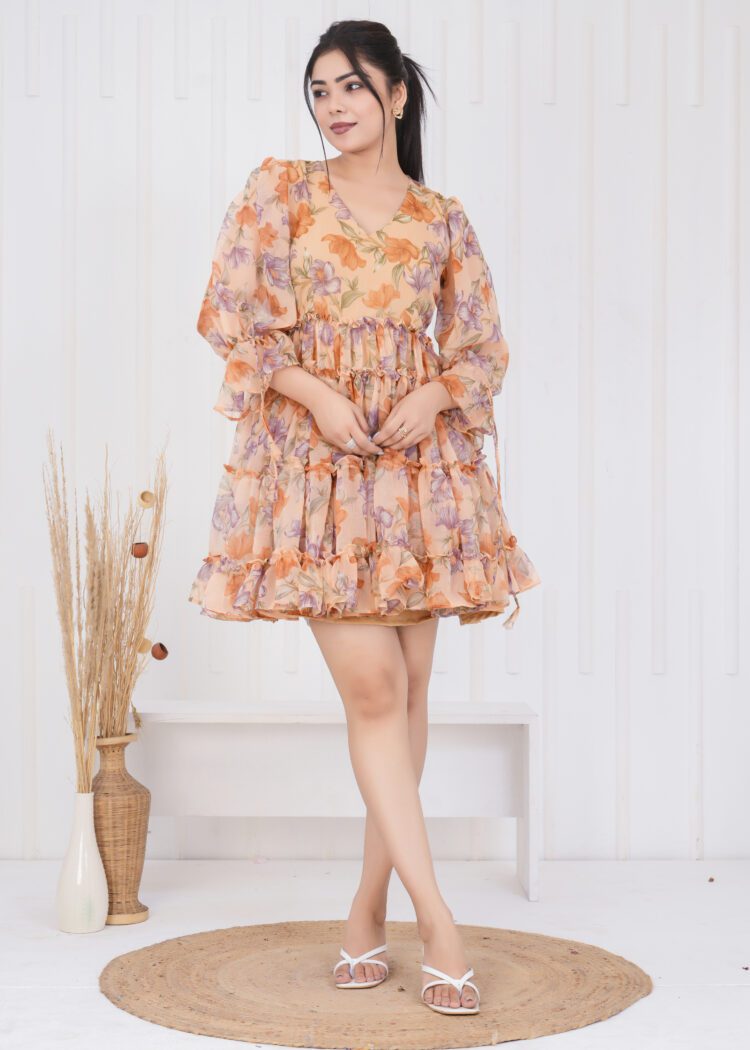Floral Printed Tiered and Frill Mini Dress