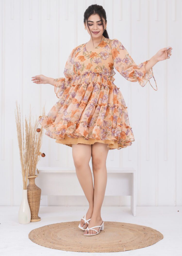 Floral Printed Tiered and Frill Mini Dress