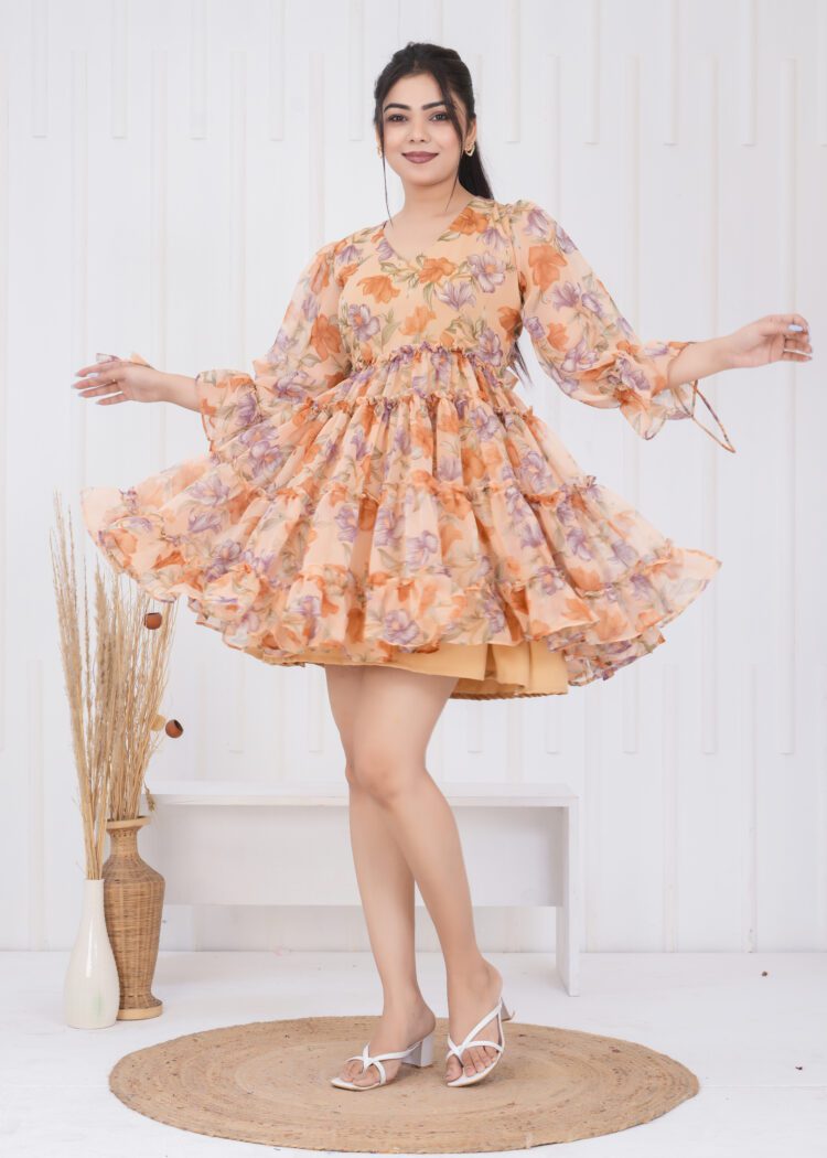 Floral Printed Tiered and Frill Mini Dress
