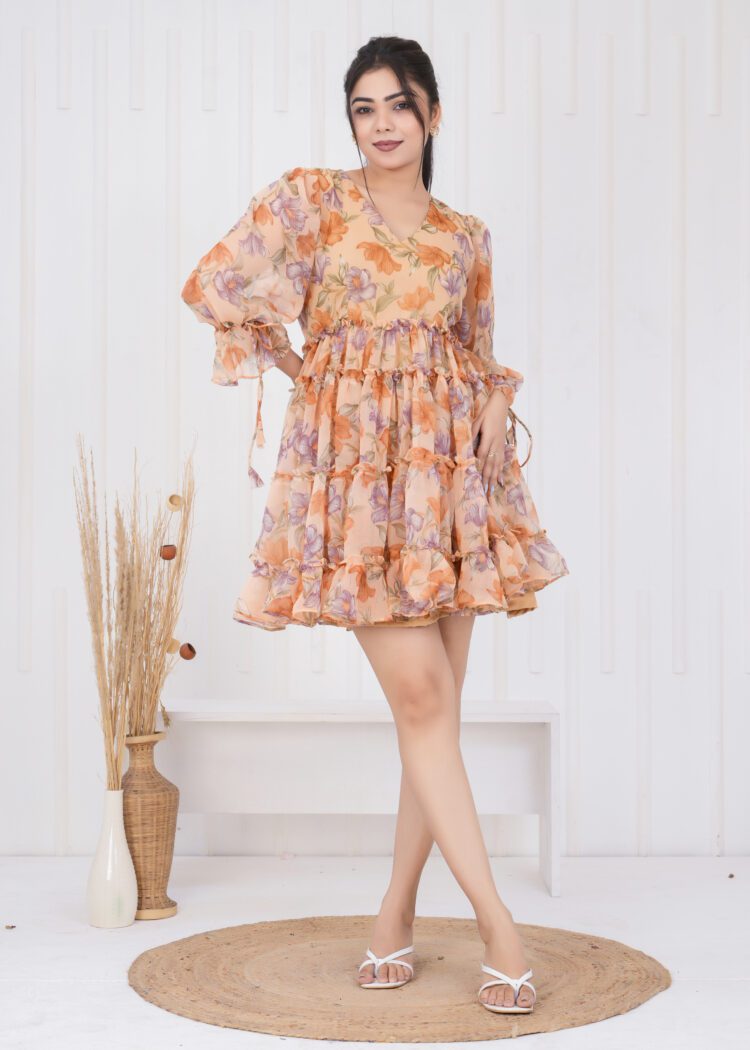 Floral Printed Tiered and Frill Mini Dress