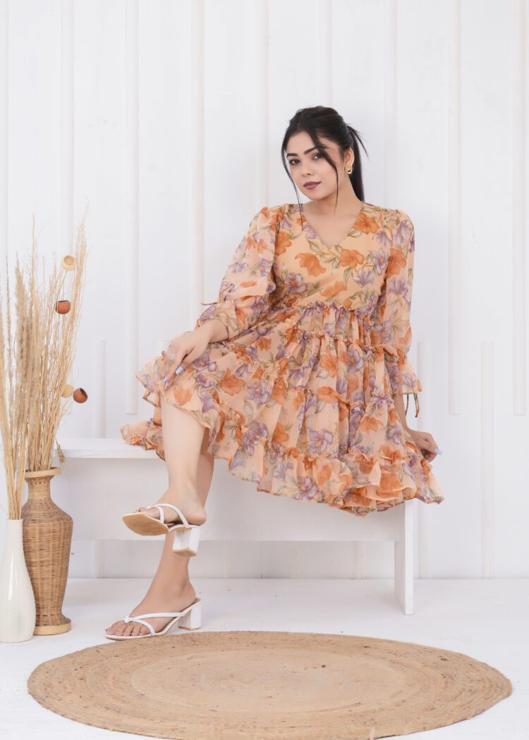 Floral Printed Tiered and Frill Mini Dress