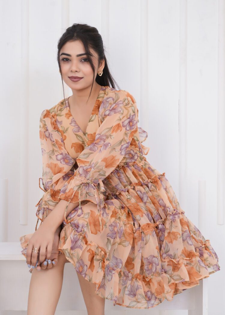 Floral Printed Tiered and Frill Mini Dress