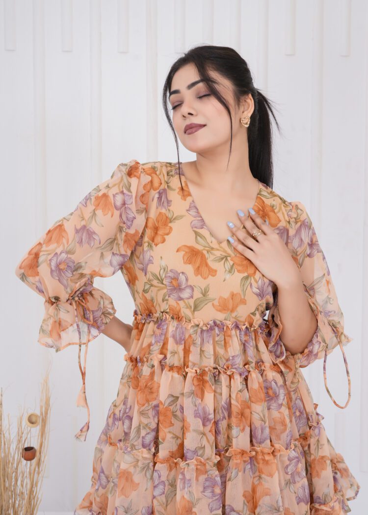 Floral Printed Tiered and Frill Mini Dress