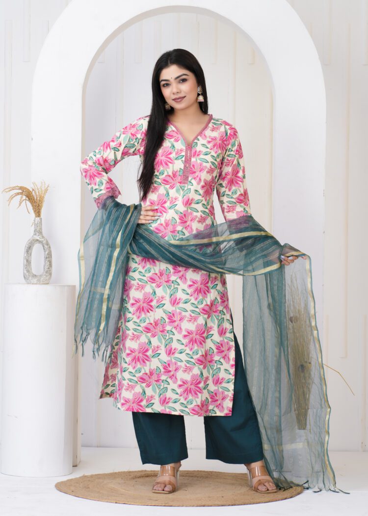 Rama and Pink Floral Cotton Kurta Set with Organza Dupatta