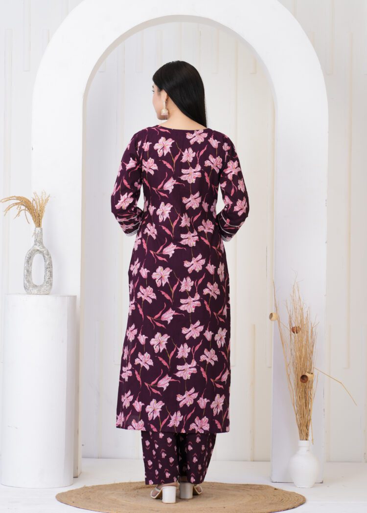 Wine Cotton Kurta Pant Set
