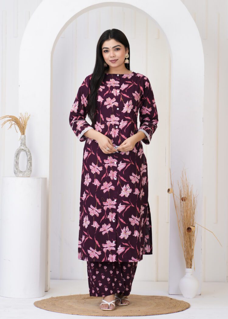 Wine Cotton Kurta Pant Set