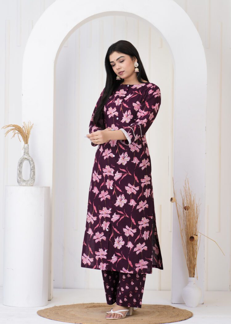Wine Cotton Kurta Pant Set