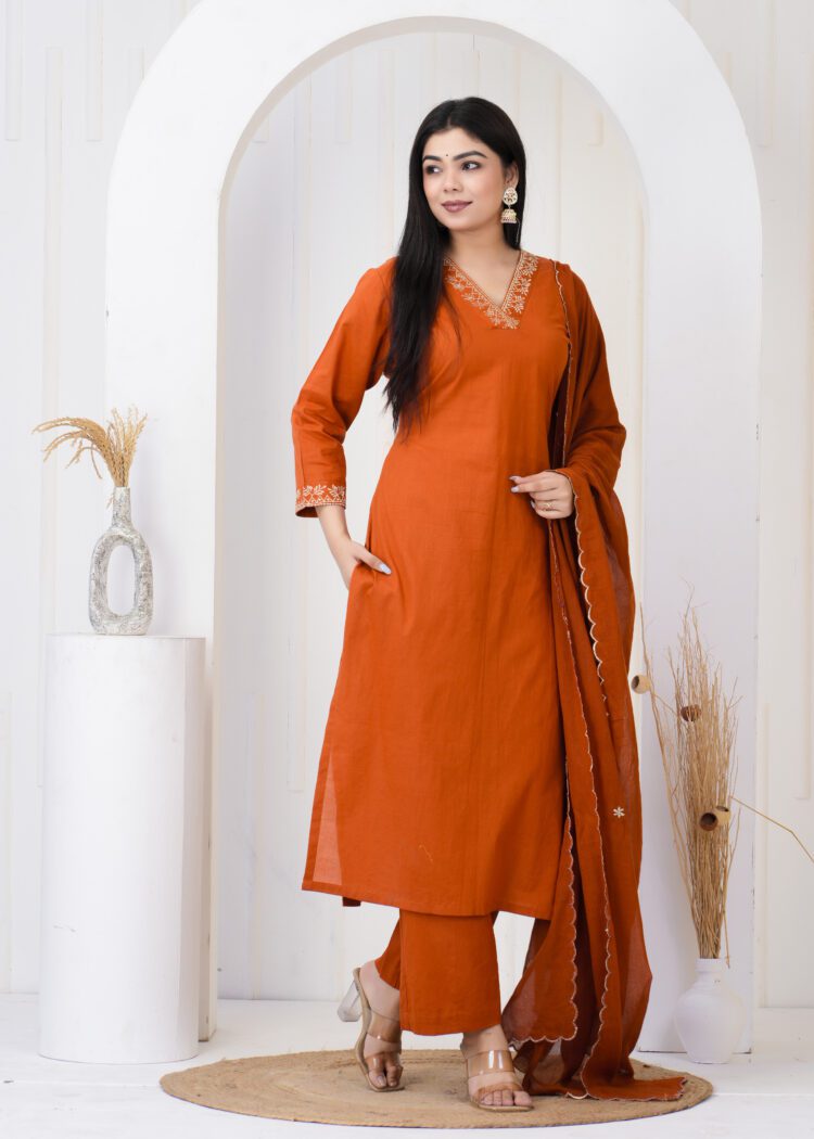 Rust Cotton Zari Embroidery Set