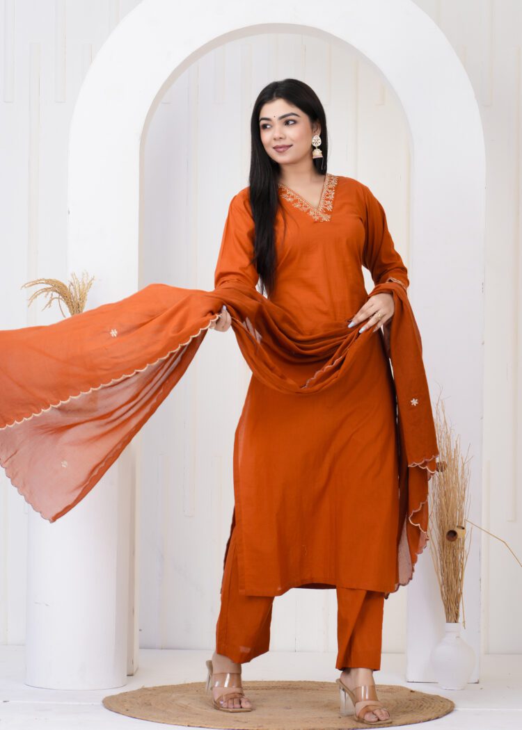 Rust Cotton Zari Embroidery Set