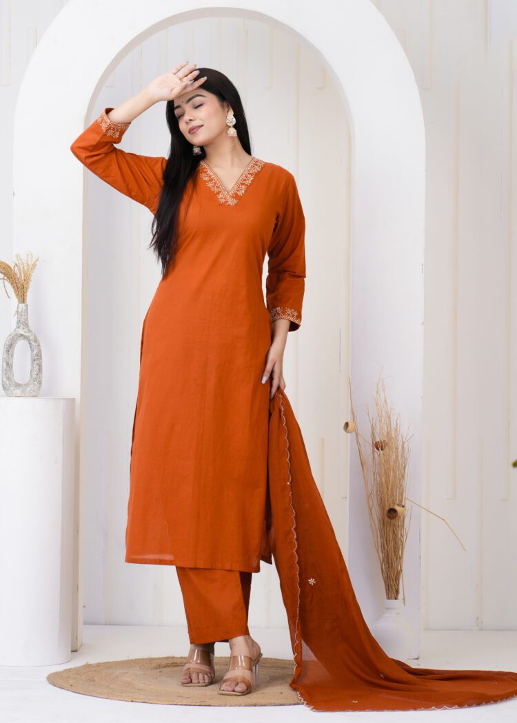 Rust Cotton Zari Embroidery Set