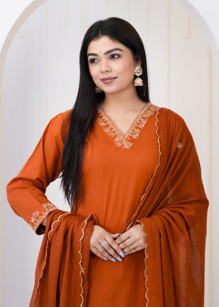Rust Cotton Zari Embroidery Set