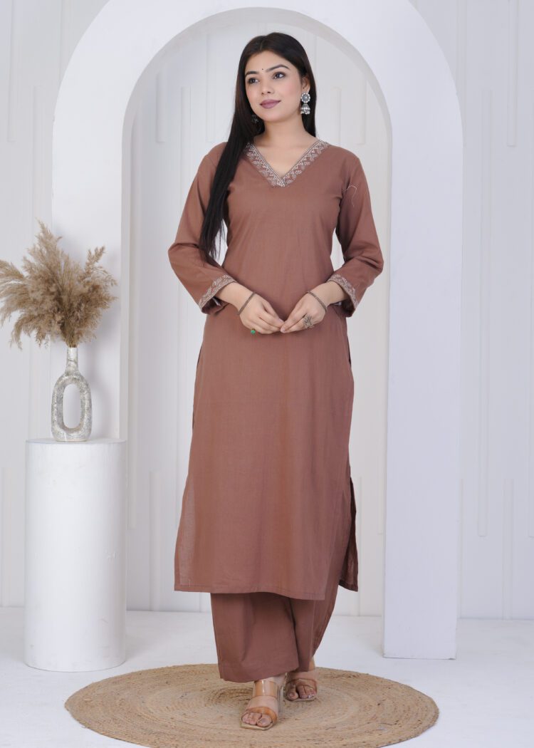 Fawn Cotton Zari Embroidered Suit Set
