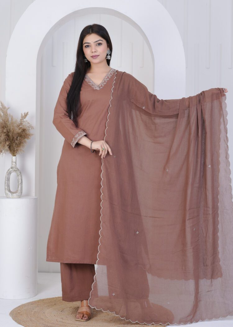 Fawn Cotton Zari Embroidered Suit Set