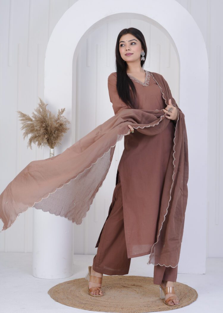 Fawn Cotton Zari Embroidered Suit Set