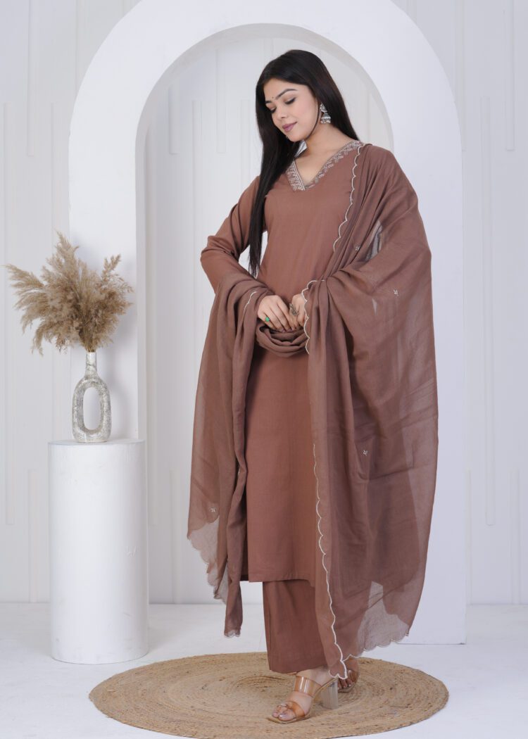 Fawn Cotton Zari Embroidered Suit Set