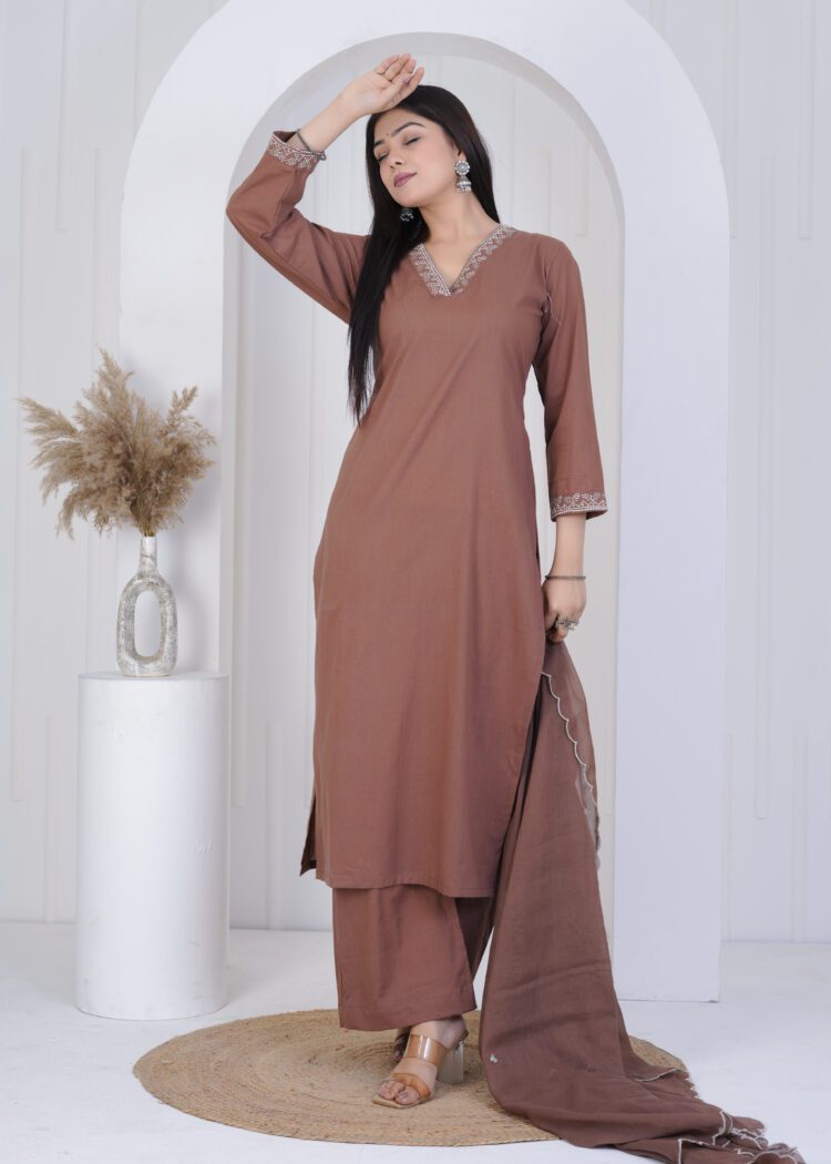 Fawn Cotton Zari Embroidered Suit Set