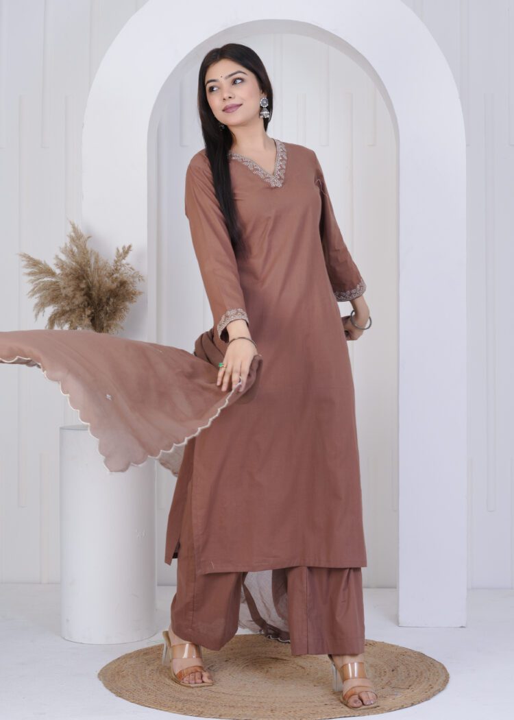 Fawn Cotton Zari Embroidered Suit Set
