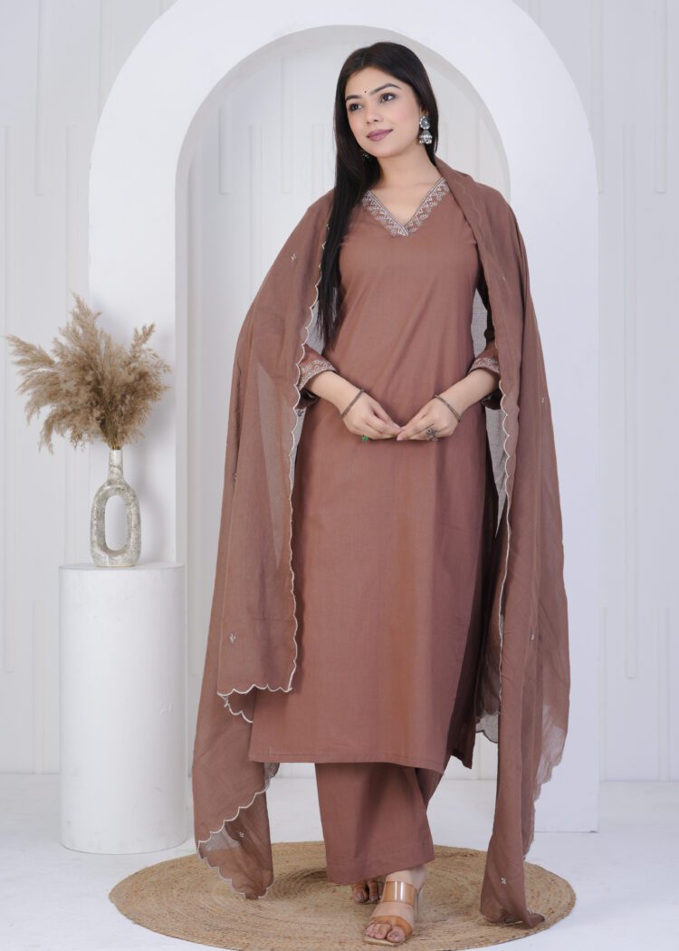 Fawn Cotton Zari Embroidered Suit Set