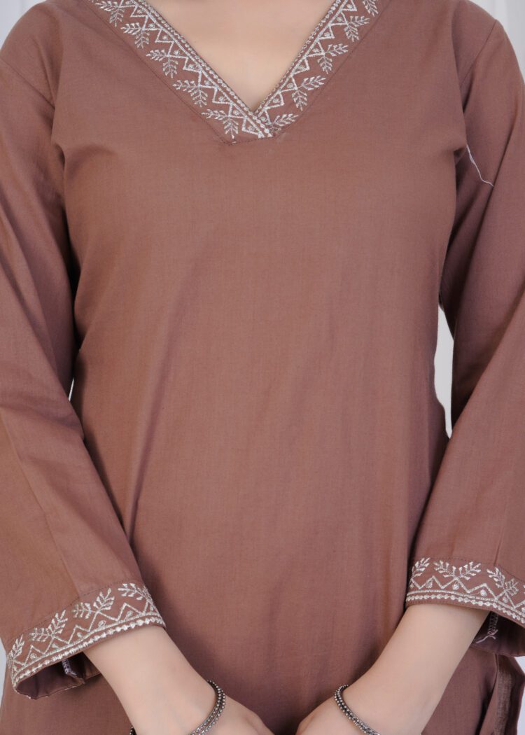 Fawn Cotton Zari Embroidered Suit Set