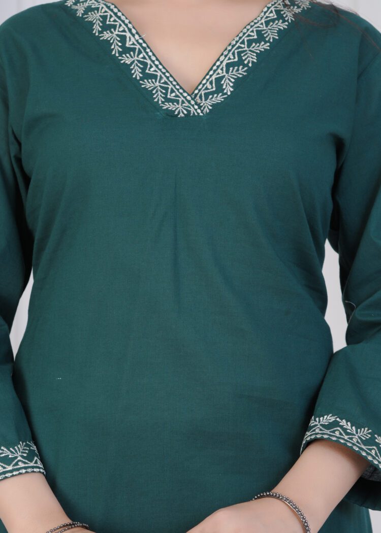 Pine Green Cotton Zari Embroidered Suit Set