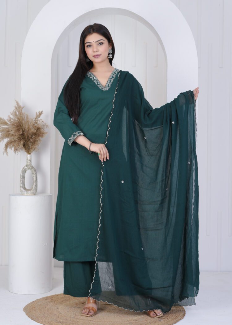 Pine Green Cotton Zari Embroidered Suit Set