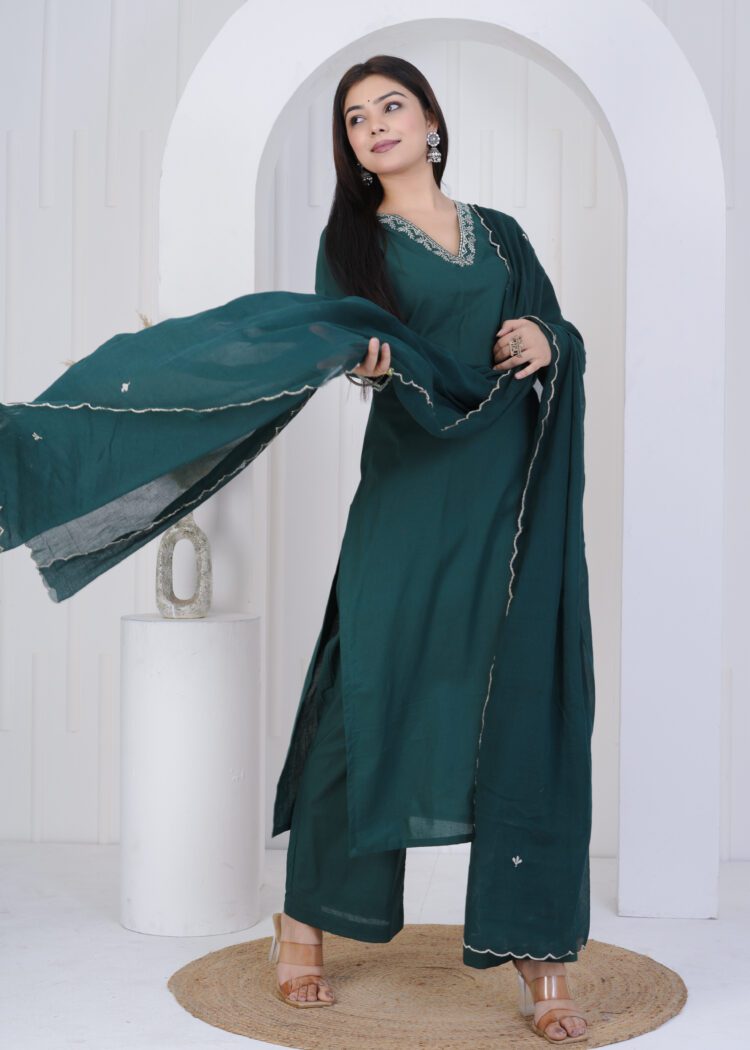 Pine Green Cotton Zari Embroidered Suit Set