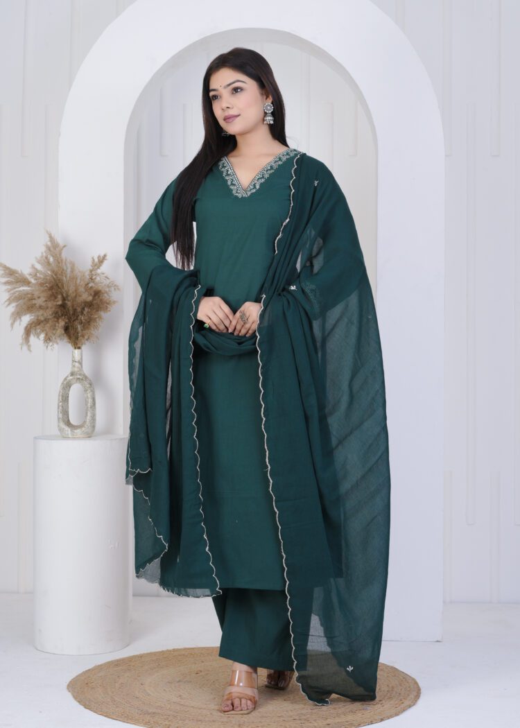 Pine Green Cotton Zari Embroidered Suit Set