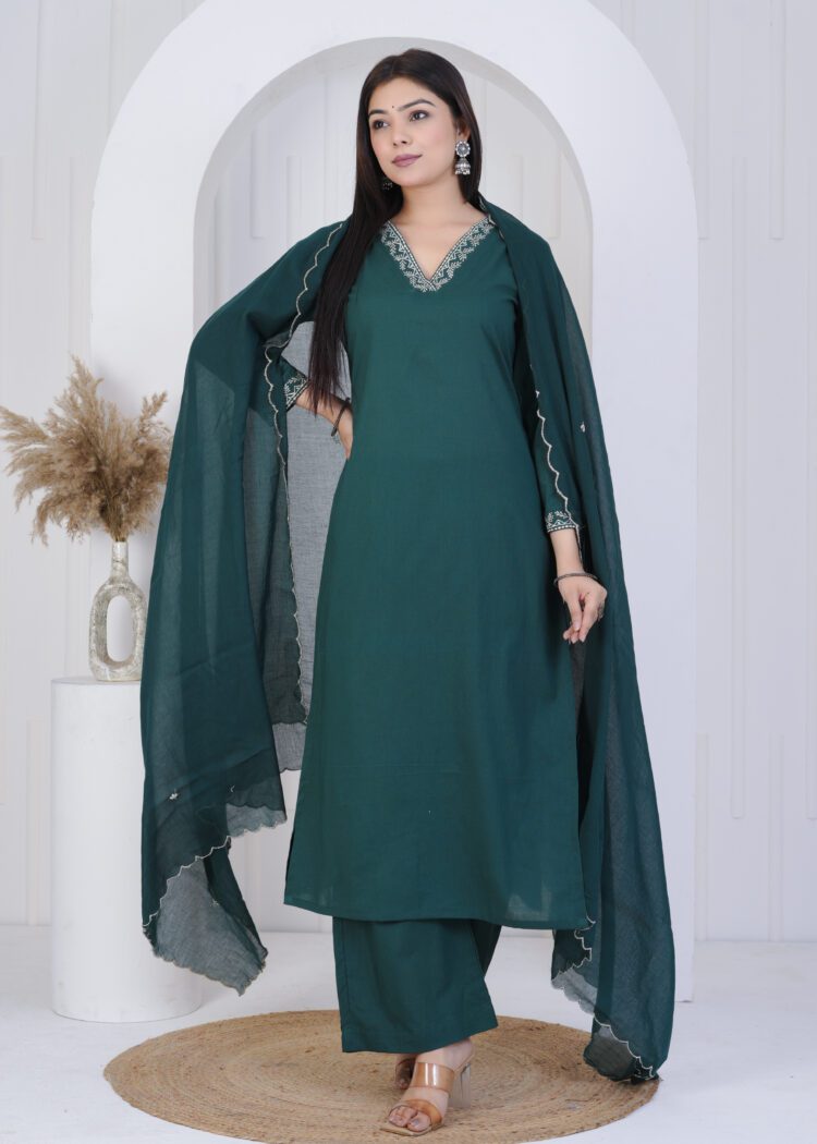 Pine Green Cotton Zari Embroidered Suit Set