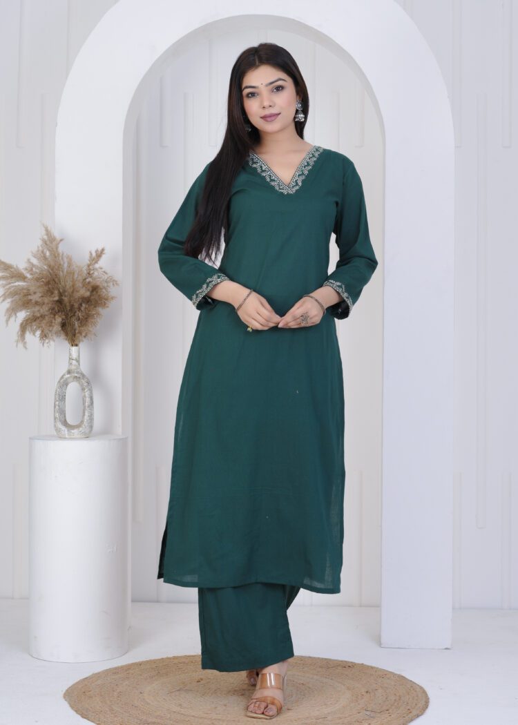 Pine Green Cotton Zari Embroidered Suit Set