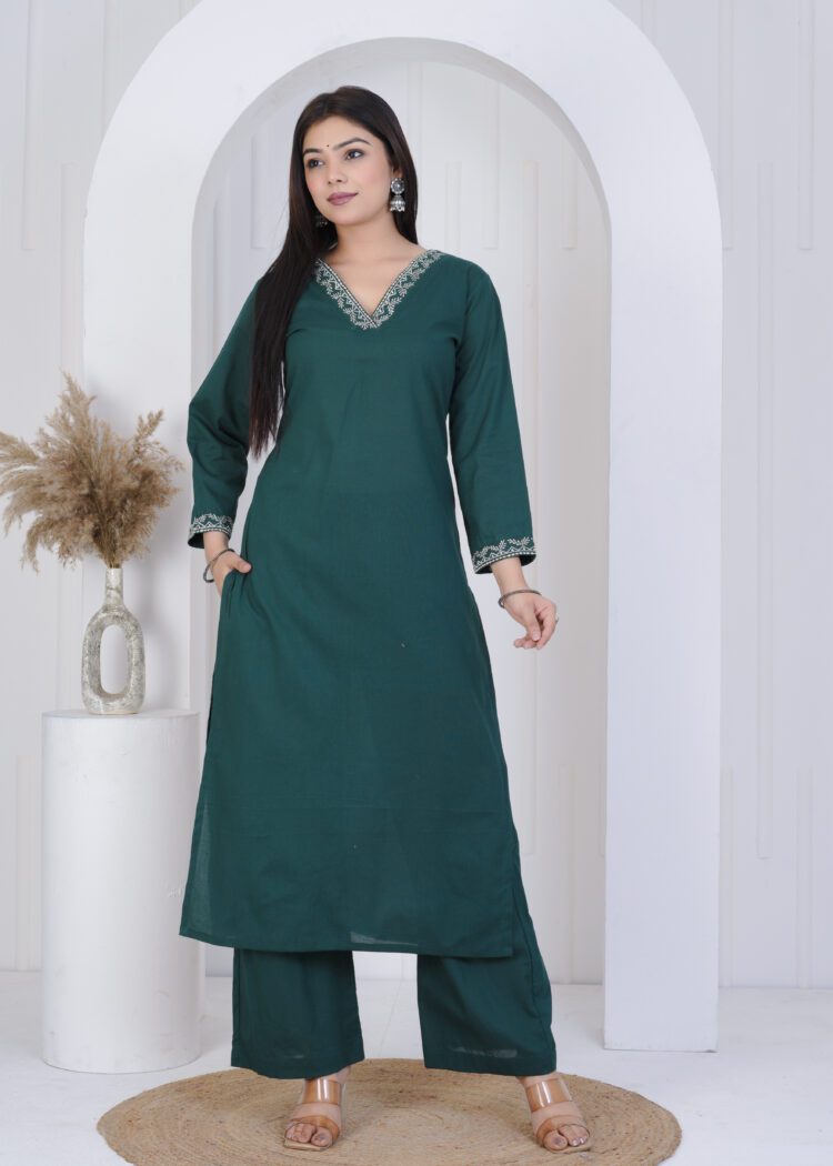 Pine Green Cotton Zari Embroidered Suit Set