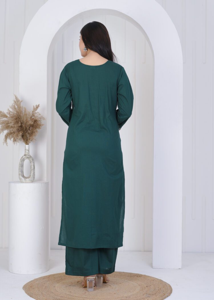 Pine Green Cotton Zari Embroidered Suit Set