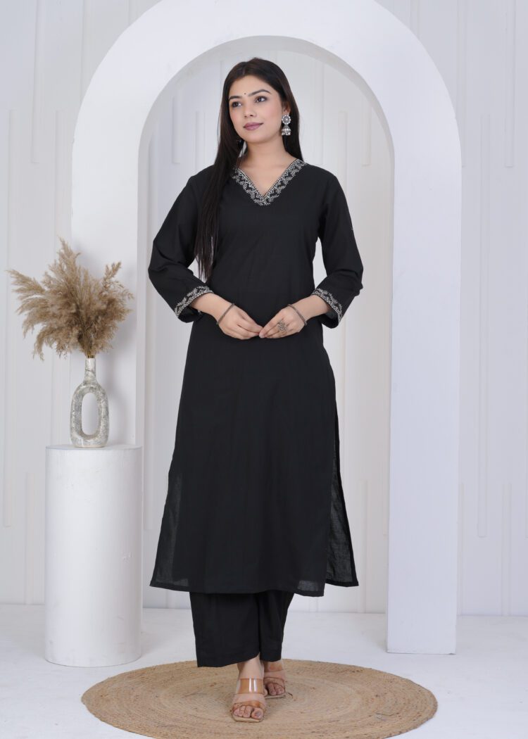 Black Cotton Zari Embroidered Suit Set