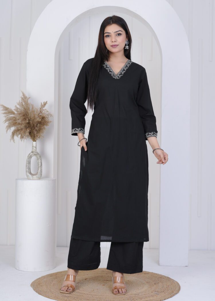 Black Cotton Zari Embroidered Suit Set