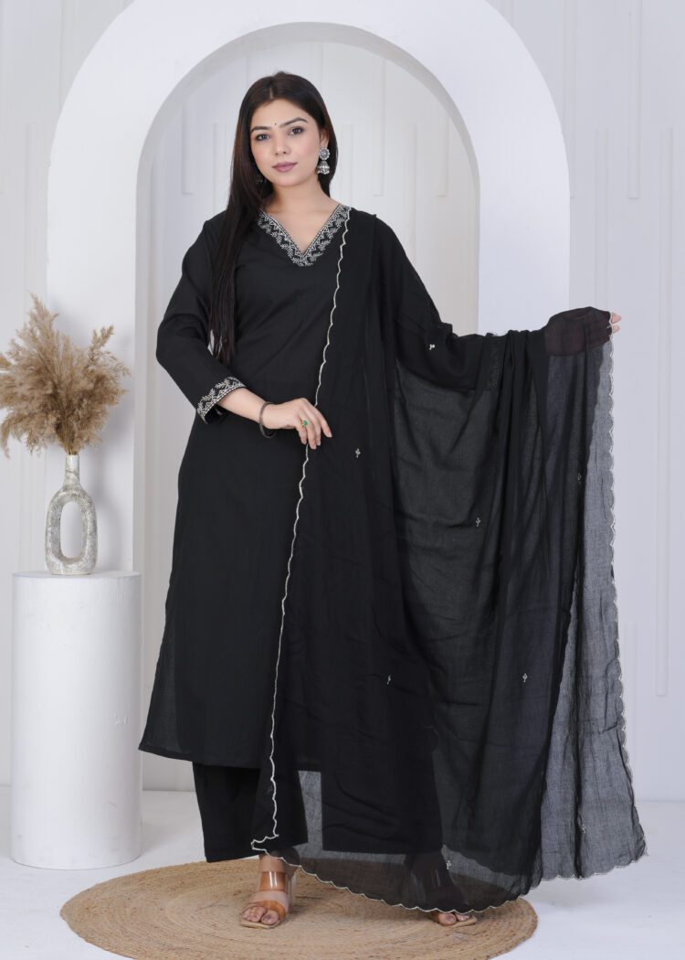 Black Cotton Zari Embroidered Suit Set