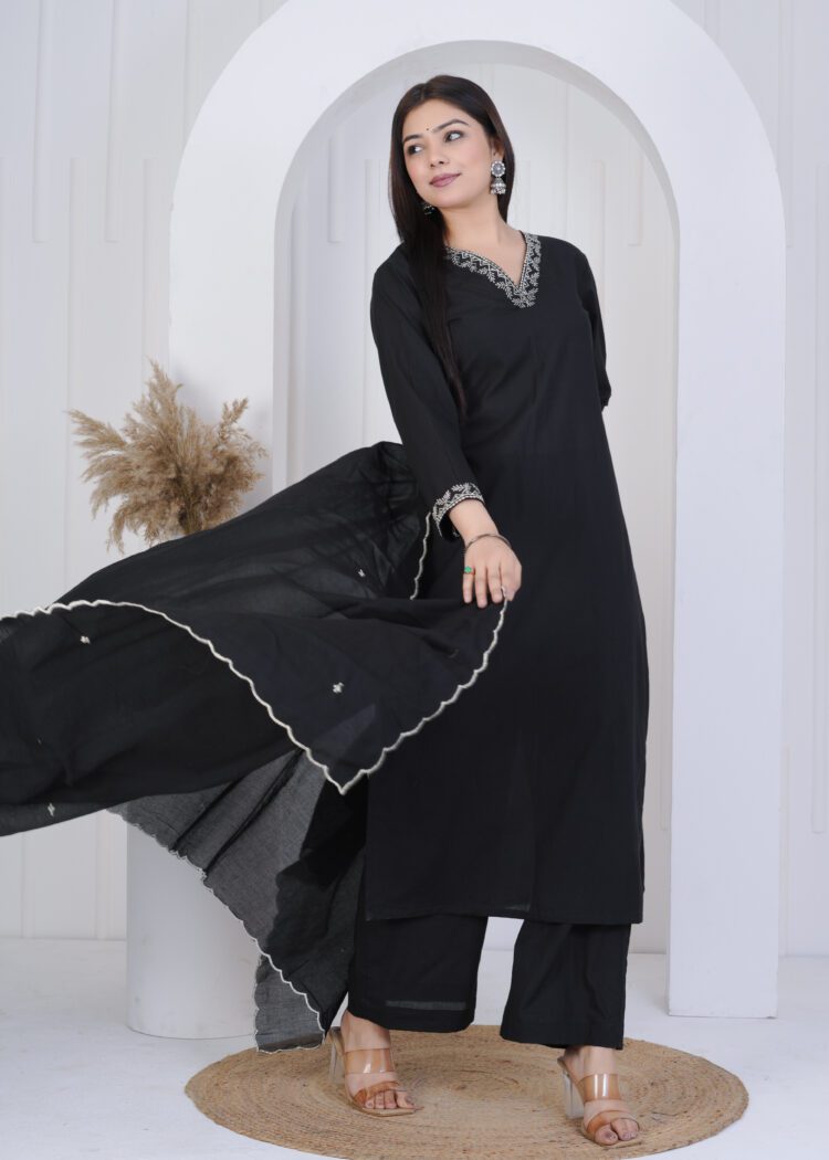 Black Cotton Zari Embroidered Suit Set