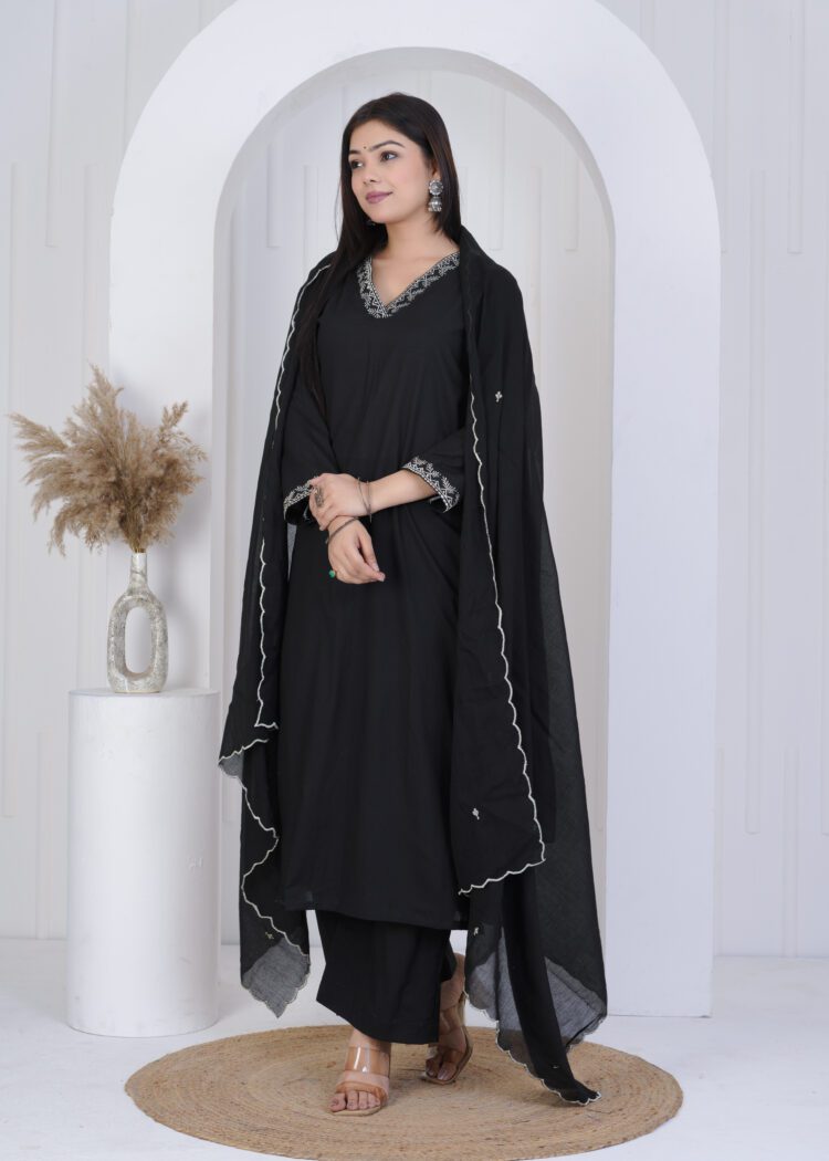 Black Cotton Zari Embroidered Suit Set