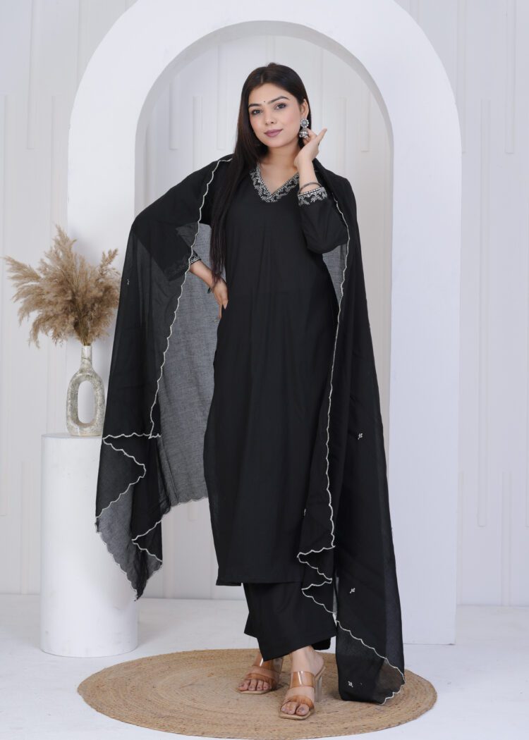 Black Cotton Zari Embroidered Suit Set