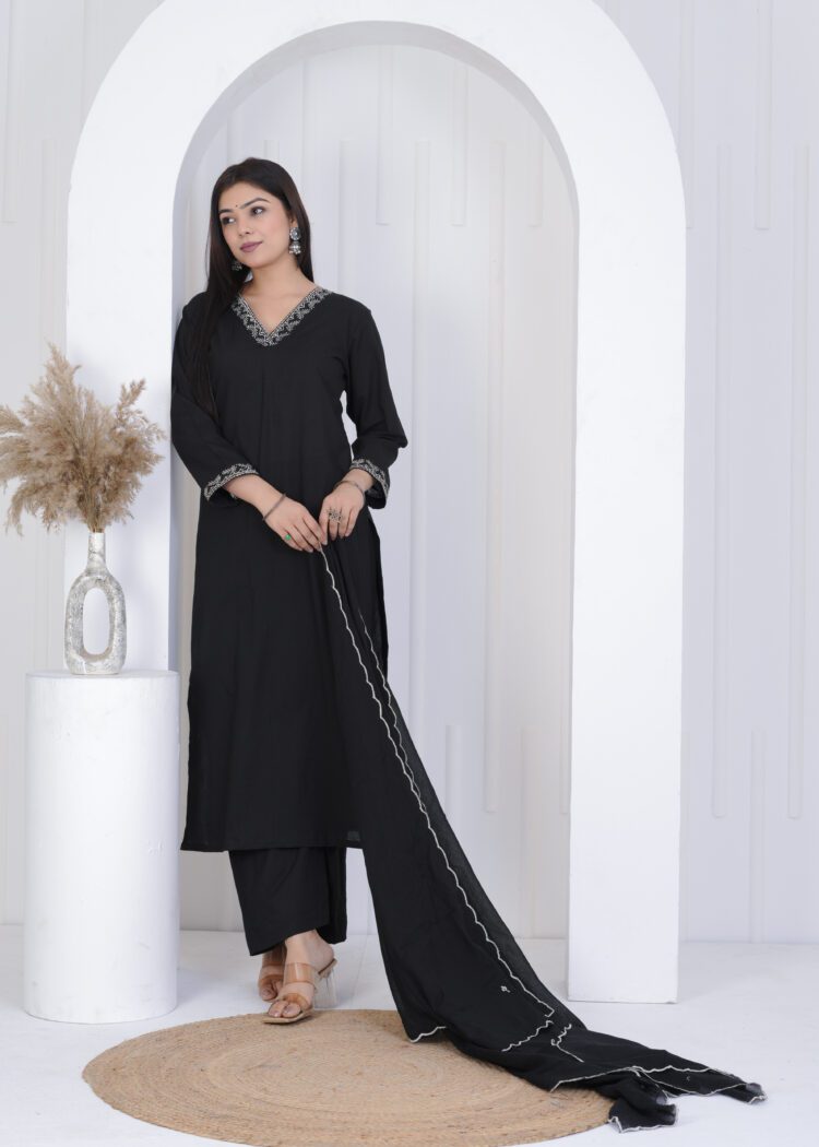 Black Cotton Zari Embroidered Suit Set