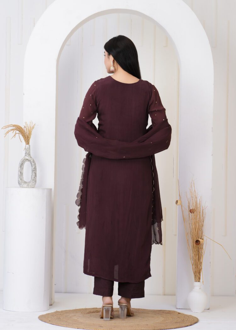 Brown Crepe Embroidered Kurta Suit Set Organza Dupatta