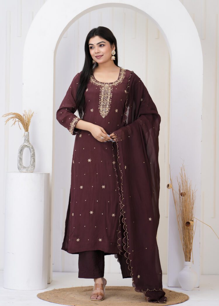 Brown Crepe Embroidered Kurta Suit Set Organza Dupatta